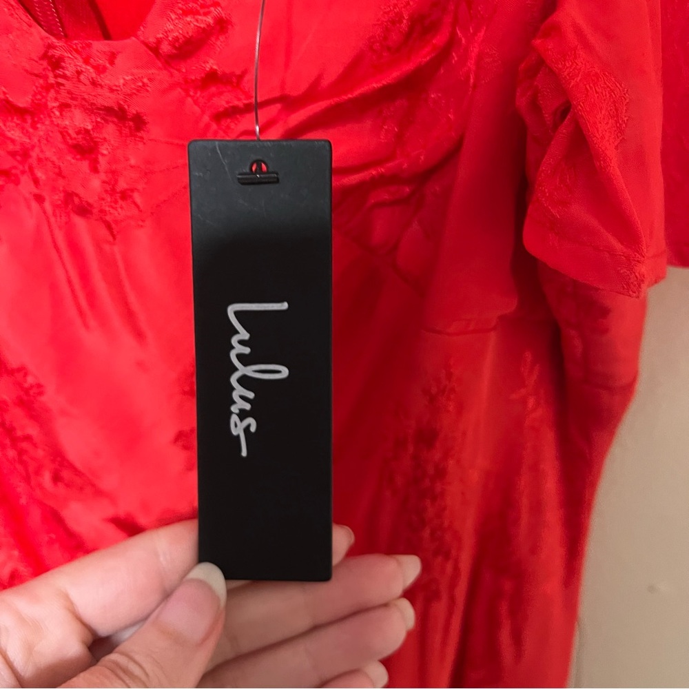 NWT XL Lulu's Effervescent Afternoon Red Satin Flutter Sleeve Midi Dress - Picture 13 of 16